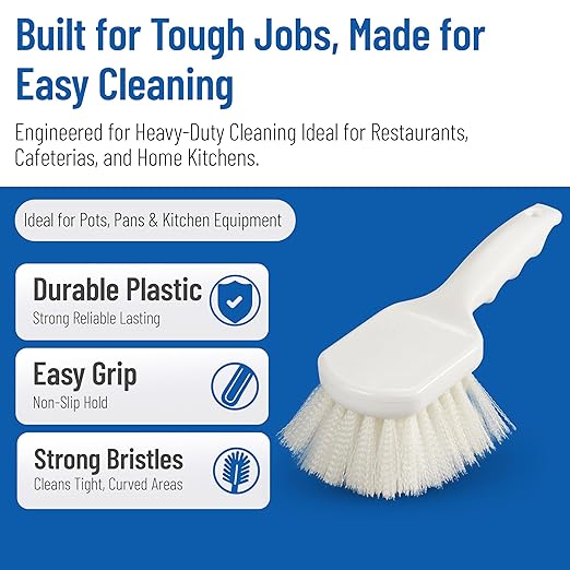 SPARTA Flo-Pac 8" Utility Scrub Brush with 2" Nylon Bristles, Plastic Pistol Grip Handle, Commercial Handheld Cleaning Brush, White