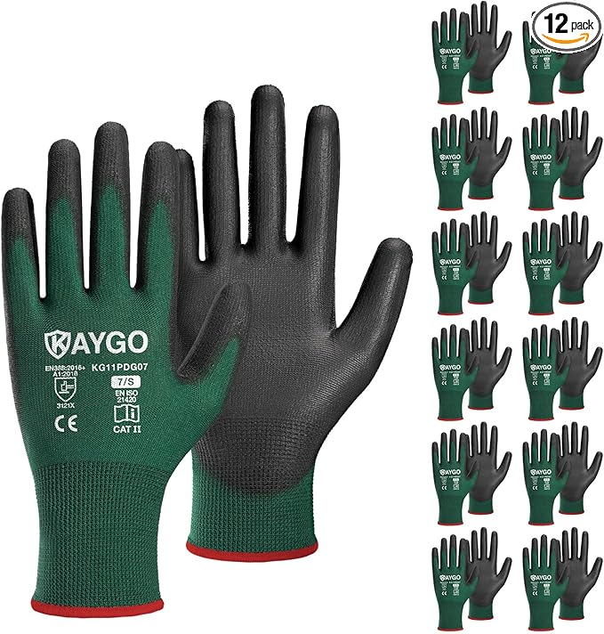 KAYGO Work Gloves for Men and Women,12 Pairs Seamless Knit PU Coated Safety Gloves, with Smooth Grip on Palm and Fingers, Ideal for Light Warehouse, Manufacturing, Gardening, KG11P (S,Dark Green)