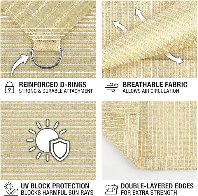 8X8 FT 90% Sun Shade Cloth, Sunblock Shade Fabric with D-Rings, Sunshade Cover for Patio Pergola Deck, UV Protected Breathable Netting with Zipties & Ropes, Beige
