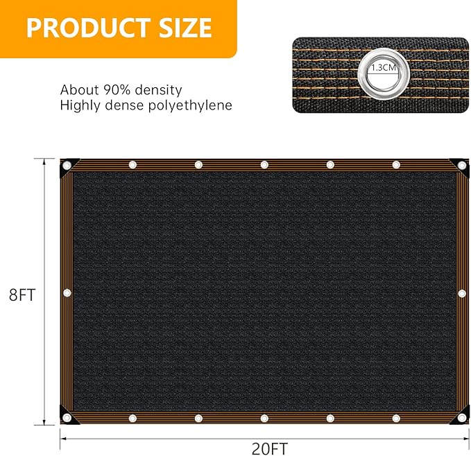 Shade-Cloth 85-90% for Garden Plants 8x20 FT, Black Sun-Block Shade Cover Mesh Tarp with Grommets Sun Shade Canopy for Outdoor Pergola Patio Flower Lawn Kennel Chicken Coop