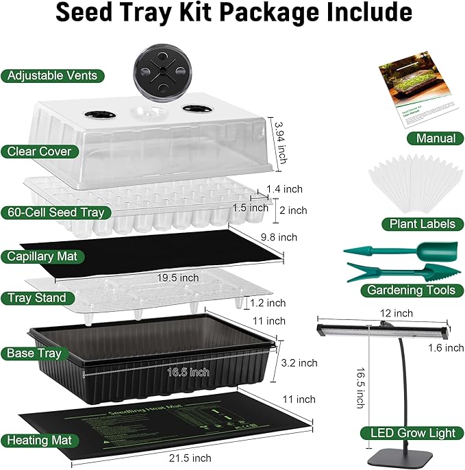 DazSpirit 60-Cell Self-Watering Seed Starter Kit with Grow Light and Heat Mat, Seedling Tray with Humidity Dome, Indoor Plant Germination Tray for Beginners - Grow Tomatoes, Peppers, Herbs & Flowers