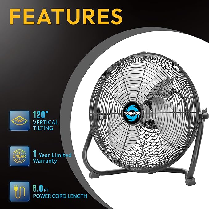 Tornado 12 Inch High Velocity Industrial Floor Fan, 3-Speed Heavy-Duty Metal Fan, 120° Tilting Head, 6.0 FT Power Cord for Workshop, Warehouse, Garage, Home Use, Black