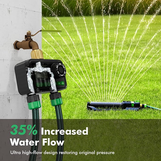 RESTMO Sprinkler Timer for Outdoor Hose Faucet 2 Zone, Up to 11h59m Programmable Watering Timer for Soaker Hose, Misting with Brass Inlet & Large Dial, Rain Delay/Manual/Automatic Irrigation System