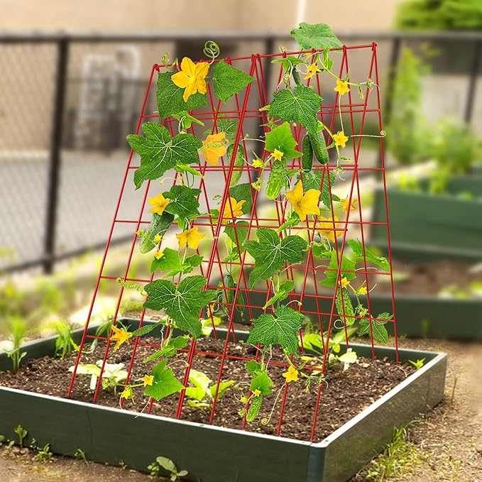 DoCred Cucumber Trellis, 2 Pack Foldable A Frame Trellis for Raised Bed Climbing Plants, Vegetables, Includes Plant Support Clips, Twist Ties, Plastic Ties- Made from PVC-Coated Steel