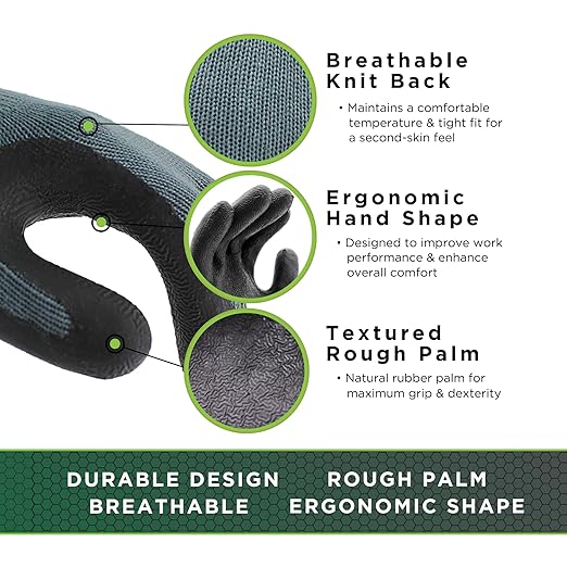SHOWA Atlas 300B Original 1994 Crinkle Grip Work Gloves, Natural Latex Palm, Heavy Duty 10-Gauge for Construction, Landscaping, Gardening, & Masonry, Black, Small, 12-Pair