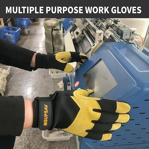 All-Purpose Work Gloves,Split Leather Knuckle Working Performance Fit Mechanics Glove,Durable,Black+Yellow,Medium