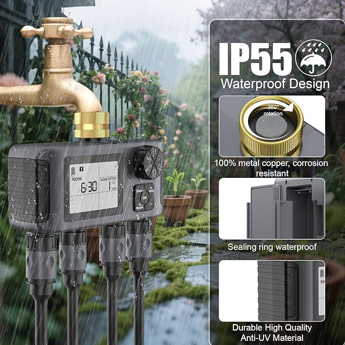 4 Separate Zone Garden Irrigation Timer Brass Inlet Intelligent Controller Automatic Manual Rain Delay Watering Systems Rain Delay Irrigation