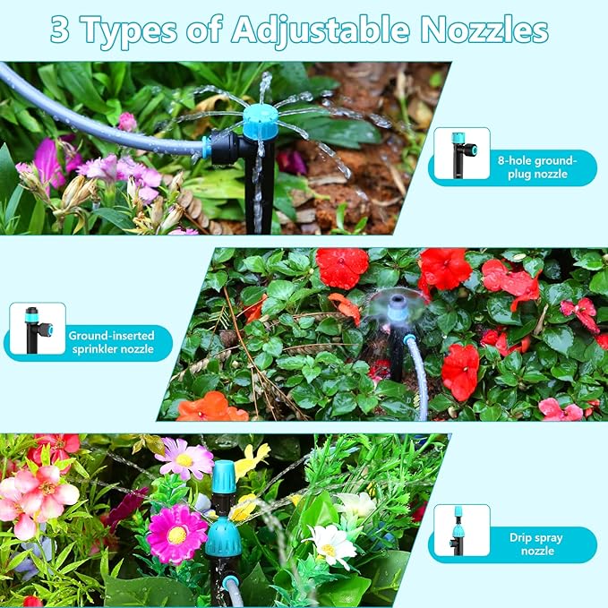 Automatic Drip Irrigation Kit with Water Timer, 100ft Garden Watering System with Y-Diverter, Fast-Plug Misting & Drip Irrigation System for Patio, Lawn, Flower Bed, Greenhouse & Yard Care