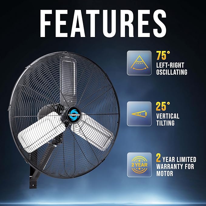 Tornado 24 Inch High Velocity Oscillating Wall Fan – 3 Speed, 7200 CFM, Heavy Duty Metal Construction, 6.6 FT Power Cord – UL Certified for Commercial, Industrial, and Garage Use