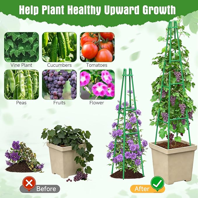 2 Pack 64" Tall Adjustable Obelisk Garden Trellis for Climbing Plants, Rust-Proof Pe Coated Metal Plant Trellis Support for Raised Beds, Potted Vines, Cucumbers, Tomatoes, Indoor Outdoor Use (2 Pack)