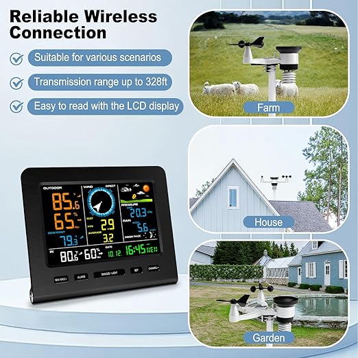 Urageuxy WiFi Weather Stations Wireless Indoor Outdoor, Home Weather Station with Rain Gauge, Wind Speed/Direction, Indoor/Outdoor Thermometer/Humidity, Moon Phrase, Alarm Clock, Barometric Pressure