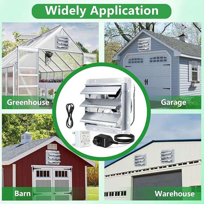 Shutter Exhaust Fan with Thermostat & Speed Control, 1558 CFM,1665 RPM, Upgrade 14 inch Wall Mount Attic Vent Fan for Chicken Coops, Greenhouse, Gable, Barn, Garage, Shed Ventilator