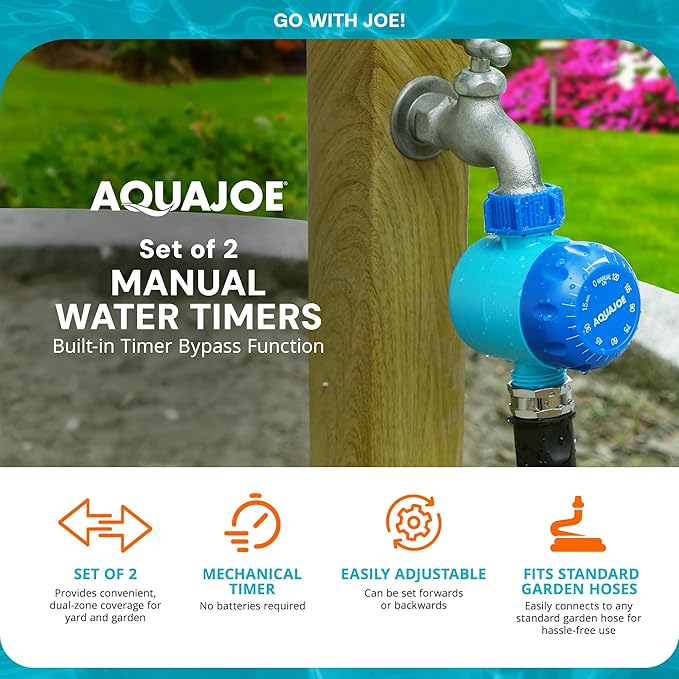 Aqua Joe Mechanical Hose Timer, Set of 2 - Dual-Zone Garden Water Timer, No Batteries Required, 2-Hour Max, Manual Bypass Function, Standard Faucet Compatible