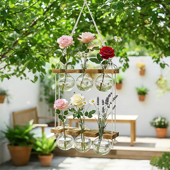 Renmxj Plant Propagation Station Wall Hanging, Plant Terrarium with 2 Tiered Wooden Stand for Hydroponics Plants, Unique Gardening Gifts for Women Mom Plants Lovers - 6 Bulb Glass Vases