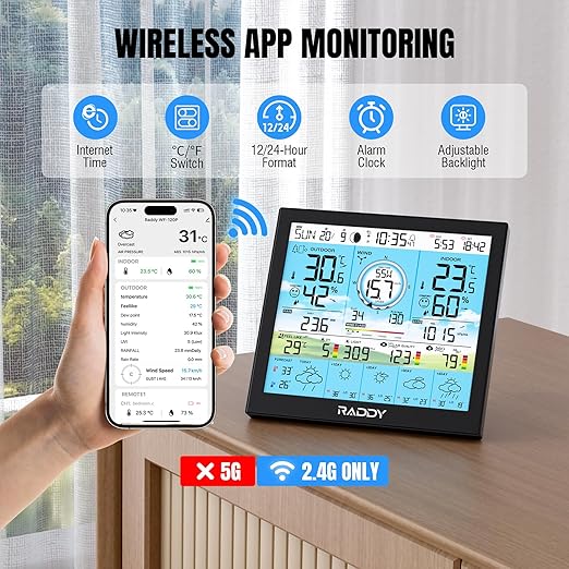 Raddy WF-120P Professional Wi-Fi Weather Station with App Control, 10″ HTN Color Display, Indoor/Outdoor Temp & Humidity, UV & Light Index, PM2.5 AQI, 5-Day Forecast, 7-in-1 Outdoor Sensor for Farm