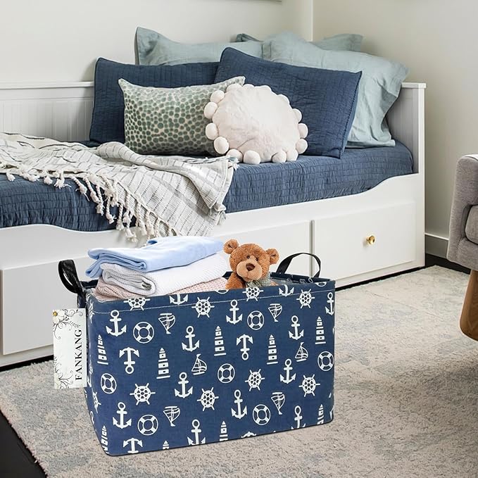 FANKANG Storage Basket,Nursery Hamper Canvas Laundry Basket Foldable with Waterproof PE Coating Storage, Office, Bedroom, Clothes,Toys (Rec-Sailboat)