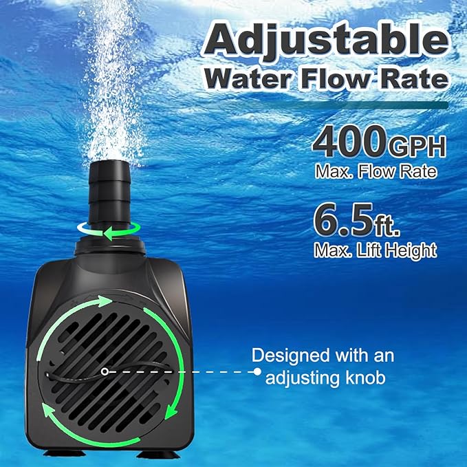 SongLong 400GPH 10ft Power Cord Submersible Pump with Tubing, Over Heating Protection Water Pump with 6.5ft Lift for Fountains, Aquariums & Hydroponics.