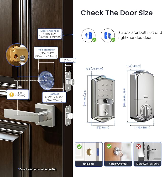 Veise VE027 Built-in Wi-Fi Smart Lock, Fingerprint Keyless Entry Front Door Lock, App Remote & Voice Control, No Hub Needed, Touchscreen Keypad Deadbolt, IP65 Waterproof, BHMA Grade 3, Satin Nickel