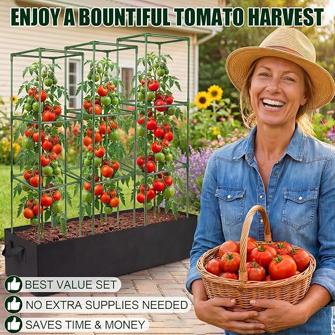 BobbleT 3 Pack Heavy Duty Tomato Cages with 86 Gallon Grow Bag, 41" Adjustable Tomato Trellis for Raised Garden Bed, Sturdy Square Plant Support for Climbing Vegetables, Cucumbers & Garden Plants