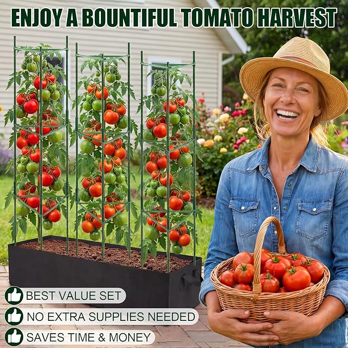 BobbleT 3 Pack Heavy Duty Tomato Cages with 57 Gallon Grow Bag, 48" Adjustable Tomato Trellis for Raised Garden Bed, Sturdy Triangle Plant Support for Climbing Vegetables, Cucumbers & Garden Plants