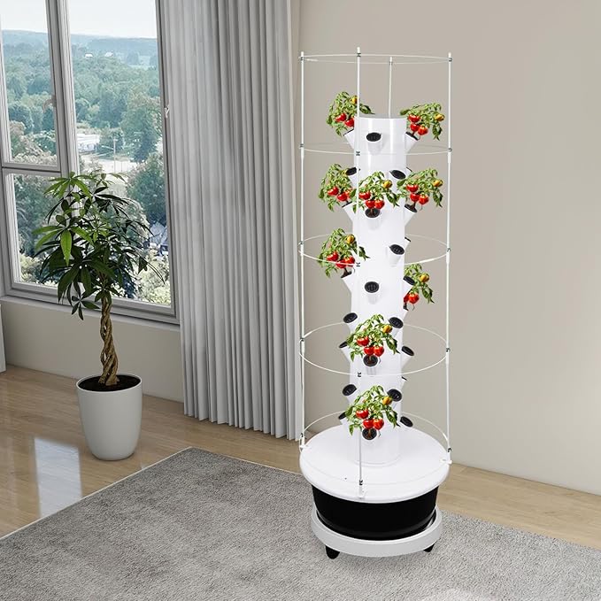 Hydroponic Growing Tower with Climbing Trellis, 30L Water Tank & Automatic Timer, Indoor Outdoor Vertical Garden System for Vegetables Herbs Strawberries (Black - 36 Holes)