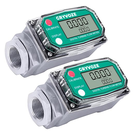 2 PCS 1 Inch Digital Turbine Fuel Flow Meter, 2.6-26 GPM Inline NPT Flowmeter with 3/4 in Adapters for Water, Diesel, Gas Oil, Gasoline, and Other Liquids - Supports Gallon, QTS, PTS, L, m³