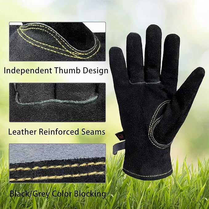 Leather Gardening Gloves for Men, Work Gloves for Welding, Mechanics, Construction, Thorn Proof (Black-Grey, Medium)