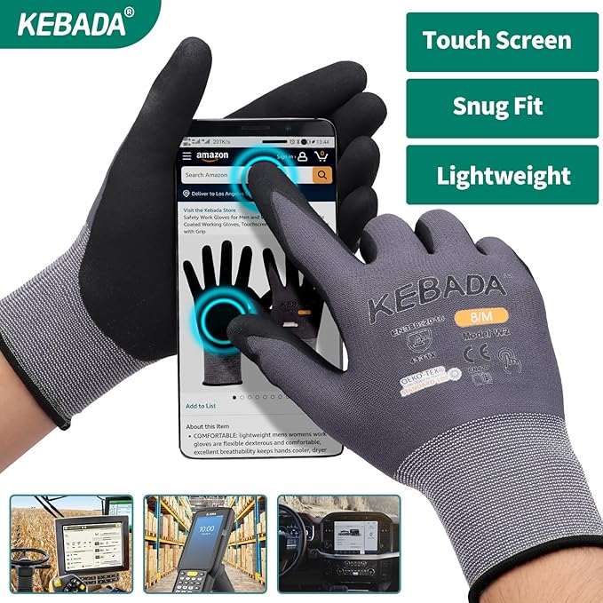 Kebada W2-6 Pairs Safety Work Gloves MicroFoam Nitrile Coated, Breathable & Full Touchscreen Seamless Knit Nylon Gloves for Precision Work, Automotive Tech & Logistics, Medium