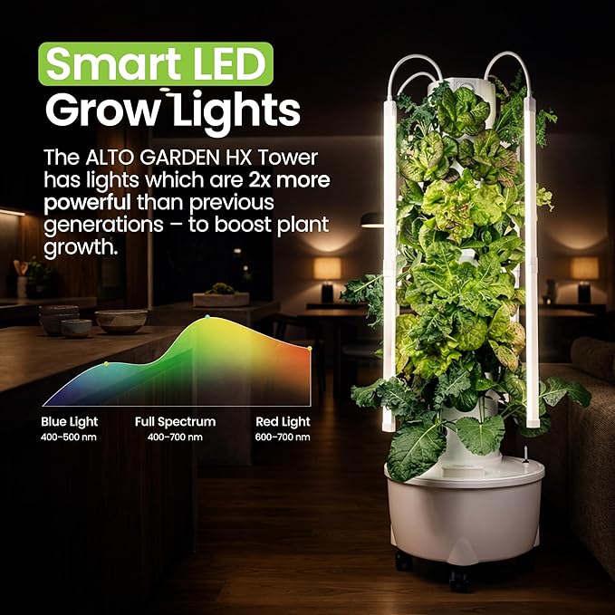 HX Aeroponic Tower | High Capacity Tower | Hydroponics Growing System Kit | Food Grade with 40 Net Pots (with LED Grow Lights)