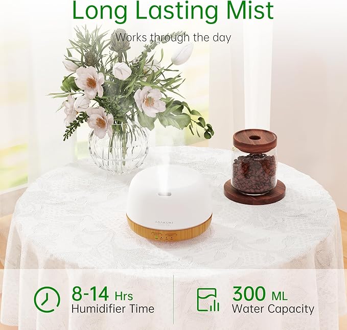 ASAKUKI Essential Oil Diffuser, 300ml Ultrasonic Aromatherapy Oil Humidifier with 7 Colors LED Lights, 2 Mist Mode for Home, Gift for Mom (Wood Grain)