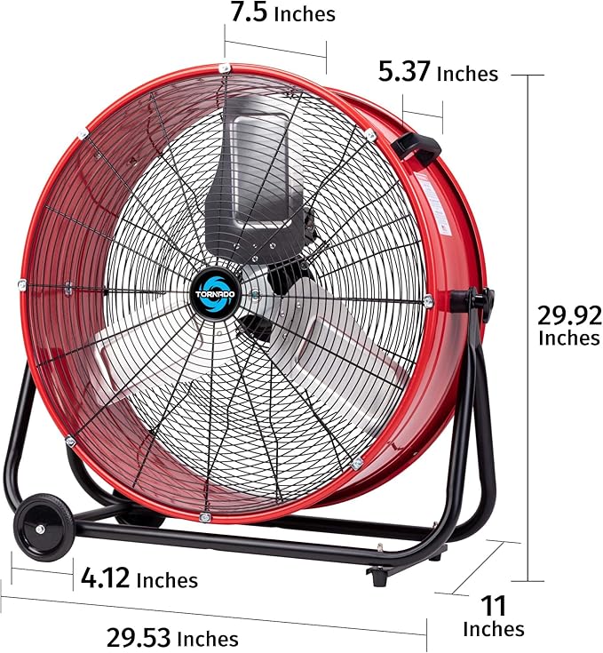 Tornado 8800 CFM Wide Version Metal Drum Fan 24 Inch High Velocity Fan Heavy Duty Tilt Red Commercial, Industrial Use 3 Speed - 8 FT Cord UL Safety Listed