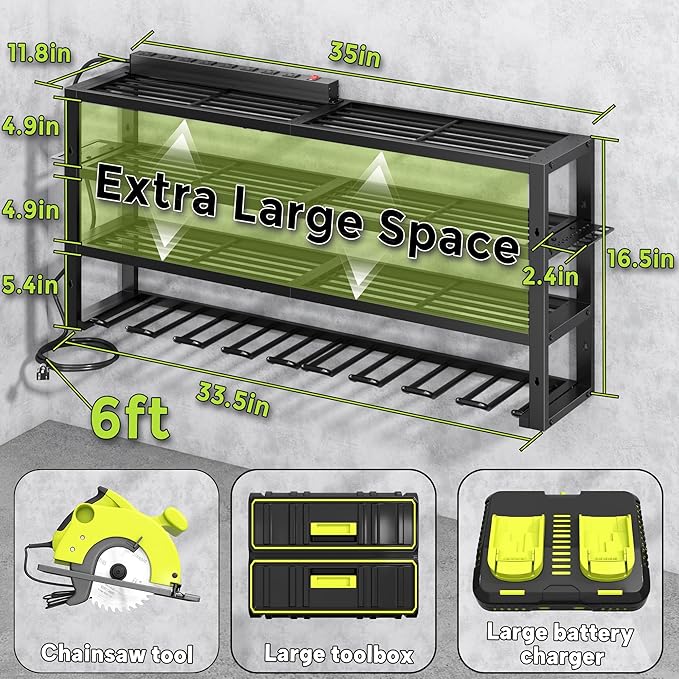 Large Power Tool Organizer Wall Mount with Charging Station, 8 Outlet Power Strip, 4 Layers 8 Drill Holder Heavy Duty Metal Tool Storage Loads 420lbs with Screwdriver Holder, Utility Racks for Garage