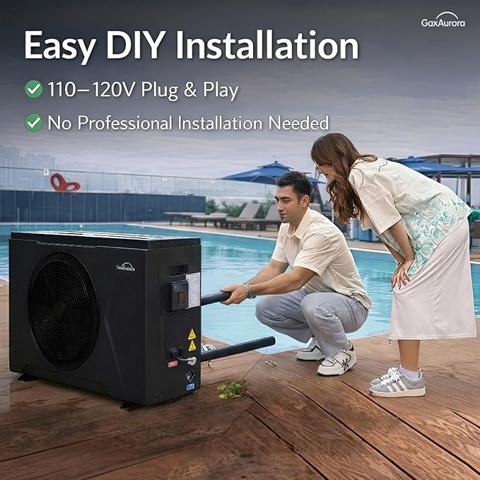 35,000 BTU/h Pool Heat Pump Heater with Wi-Fi App Control, 115V Plug & Play, Titanium Heat Exchanger, Quiet High-Efficiency Heating for Above-Ground/Small Inground Pools up to 9,000 Gallons