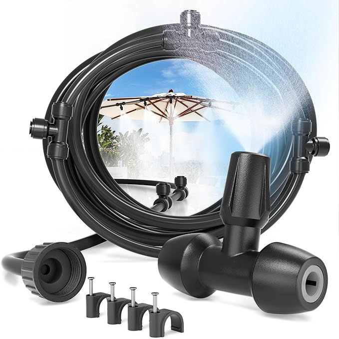 Outdoor Misting System Patio Cooling Kit 100FT Patio Misters with Mist Hose Nozzles Water Mister Cooling System for Backyard Garden Deck Pergola Gazebo Greenhouse Chicken Coop Dog Kennel