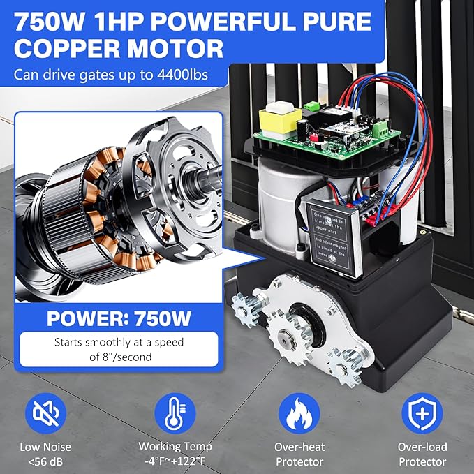 4400lbs 750W Automatic Sliding Gate Opener APP Control with 4 Remotes, Automatic Motor Remote Kit with Wireless Keyboard,Gate Operator Hardware Security System Kit for Sliding Gate Up to 40 Feet