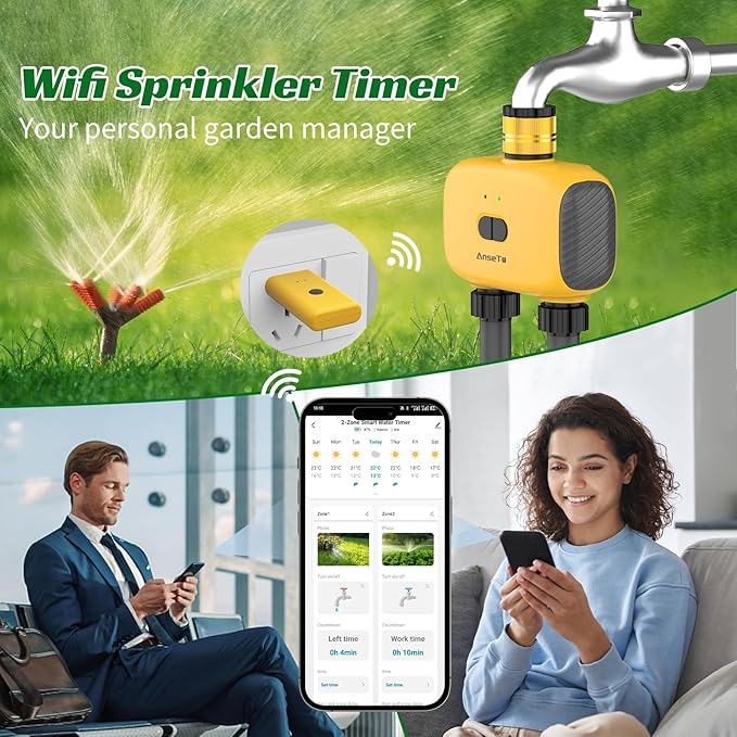 WiFi Sprinkler Timer 2 Zone, Smart Water Timer for Garden with App Remote Control for Travel, Brass Inlet Smart Irrigation System for Outdoor Hose, Patios, Lawns, Flower Bed & Yard Care