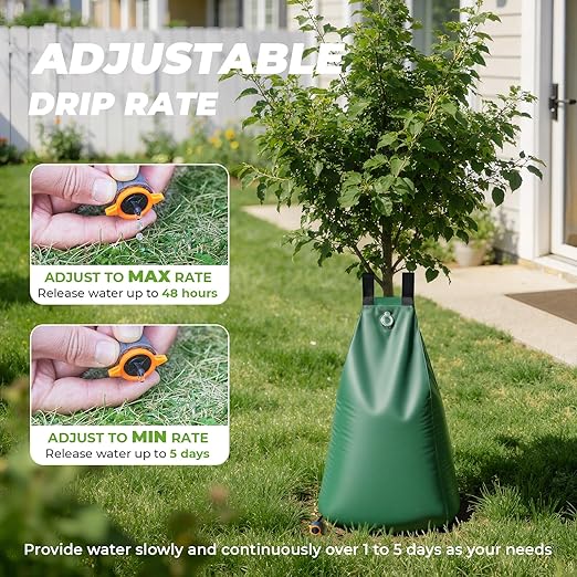 HIRALIY 20 Gallon Tree Watering Bag, 2 Pack, Slow Release 1-5 Days, Deep Root & Automatic Drip Irrigation System, for Multi-Trunk Newly Planted Small Trees and Shrubs
