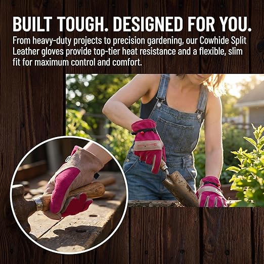 Leather Gardening Gloves for Women - Working Gloves for TIG/MIG Welding, Construction, Farm, Best Garden Gifts & Tools for Gardener (Small)