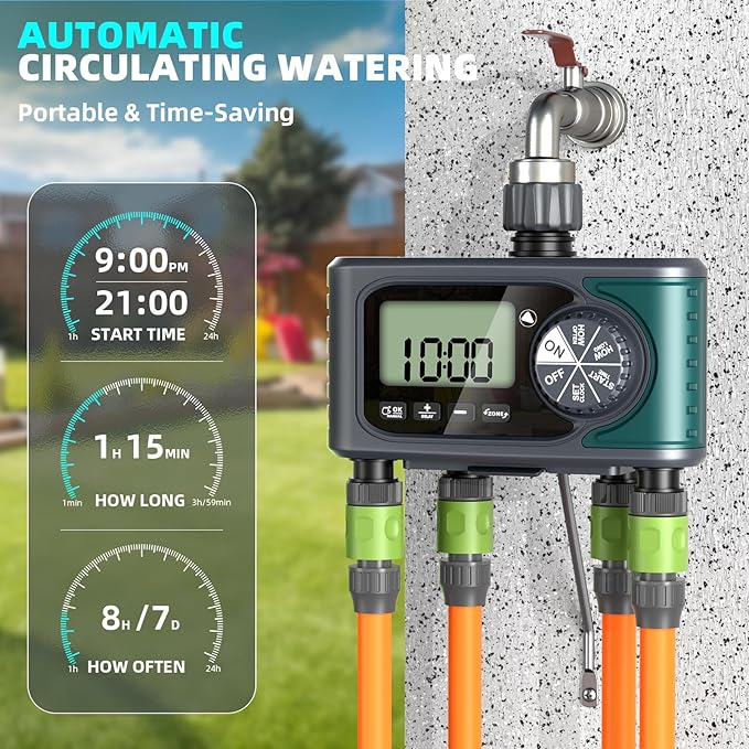 Sprinkler Timer 4 Zone, Programmable Water Timer for Garden Hose with Rain Delay, Manual and Automatic Irrigation Controller System, 4 Outlets Timed Irrigation Controller System for Lawn