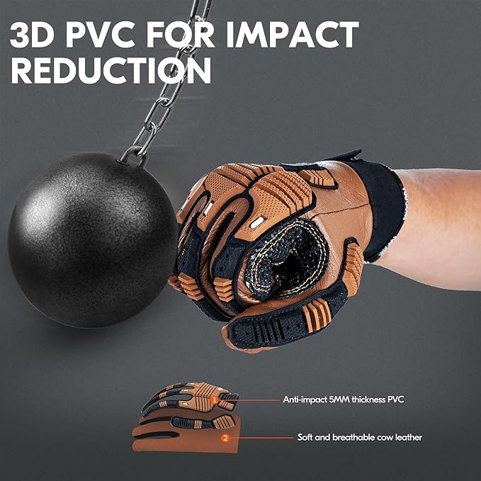 Vgo...…1Pair Leather Heavy Duty Work Gloves,Mechanics Gloves,Water Resistant,Impact Resistant,Anti-Vibration(CA7722WR)