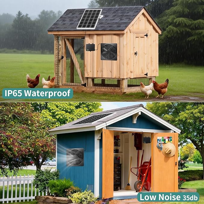 Solar Powered Fan for Chicken Coop, 12000mAh Battery Runs Day and Night, 7.1in Waterproof Exhaust Fan with Pull String Switch, USB-C & Solar Dual Power, Timer 4/8H for Shed Greenhouse Doghouse