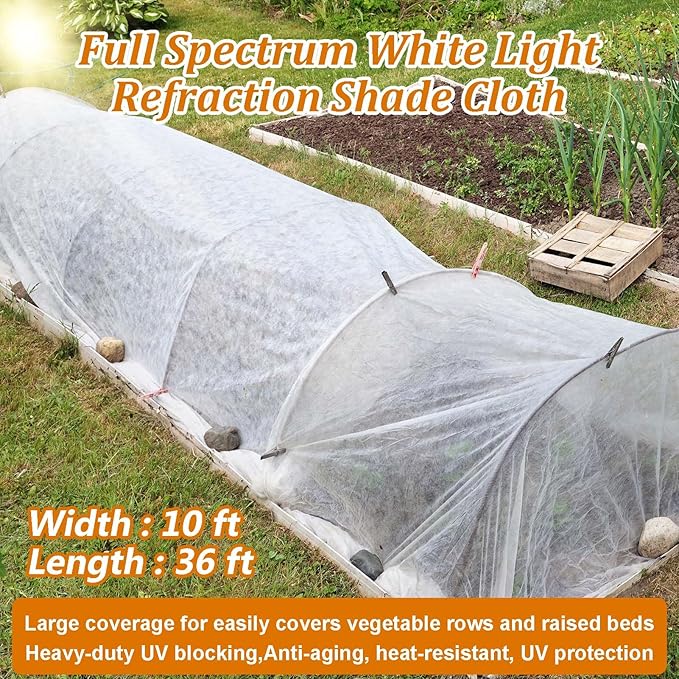 Plant Sun Protection Cloth, 10 x 36 Ft Non-Woven Garden Shade Cloth Cover White Refraction Sunshade Fabric Blanket Outdoor Bug Netting Sun Block for Protecting Vegetable Seedling from Direct Sunlight