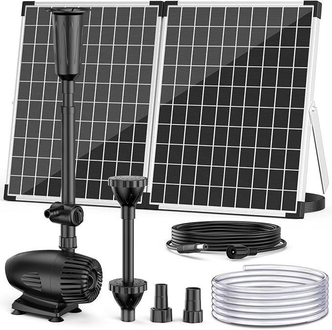 NFESOLAR 55W Solar Fountain Pump, 580GPH Solar Pond Pump with Dry-Run Protection, Foldable Solar Panel, 16.5FT Cord, 10FT Extension Cable, PVC Tubing for Outdoor Ponds, Waterfall, Garden, Hydroponics
