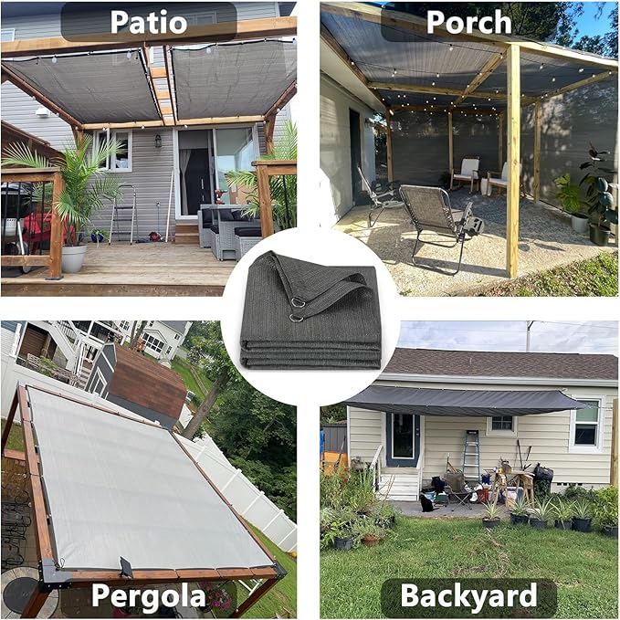 POYEE 90% 8x20ft Sun Shade Cloth with Reinforced Corner Webbing & D-Rings, Pergola Shade Cover – Breathable 200GSM HDPE Fabric for Patio, Garden, Deck & Backyard (Grey)