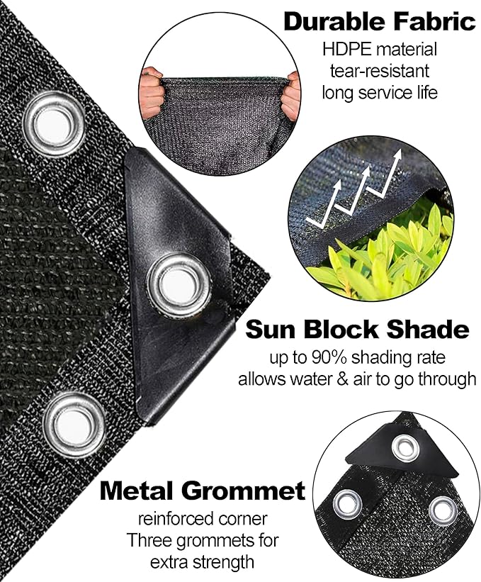 90% Black Shade Cloth 3ft x 6ft Heavy Duty Outdoor Mesh Tarp with Grommets，Sun Shade Canopy for Patio，Garden，Greenhouse，Chicken Coops，Plants Vegetables，Swimming Pool