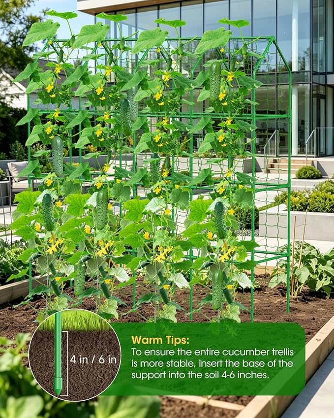65" Cucumber Trellis for Climbing Plants Outdoor, Metal Garden Trellis for Raised Bed, Plant Support Structures with Netting for Cucumbers Tomatoes Beans Peas (67 * 17 * 65inch(L*W*H), Trellis)