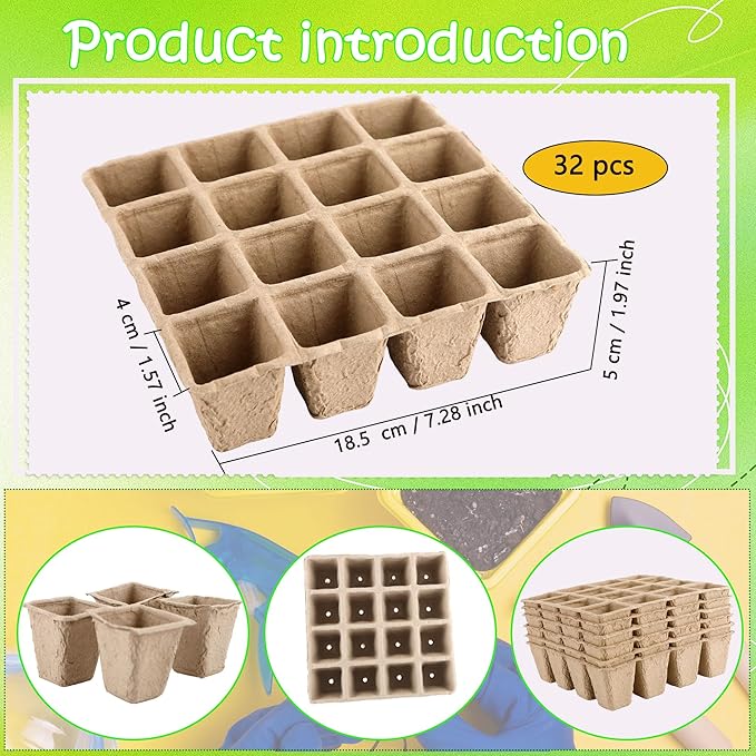 32 Packs of 16 Cells Seed Starter Tray with Holes Biodegradable Seedling Sets Organic Plant Seedling Trays Plant Starter Kit for Herb Seed Starter