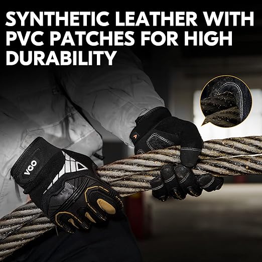 Vgo... 1-Pair Heavy Duty Synthetic Leather Work Gloves, Impact Protection Mechanic Gloves, Rigger Gloves, Vibration Reduction, Touchscreen Capable (Size L, Black, SL8849)