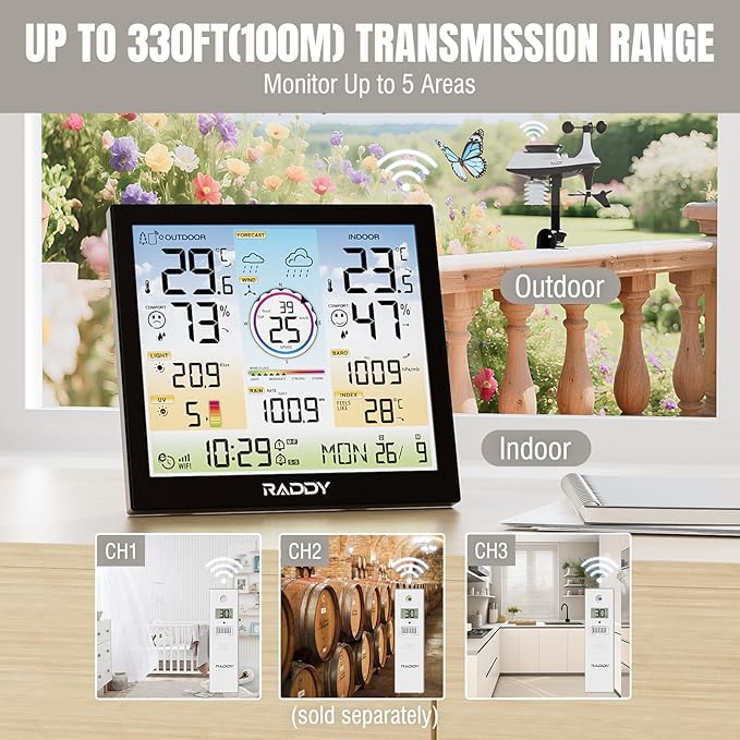 Raddy WF-120C Professional Wi-Fi Weather Station Wireless, Indoor Outdoor Temperature & Humidity Monitor with 10" Digital Color Display, Rain Gauge, Wind Speed, Weather Forecast, UV & Light Index