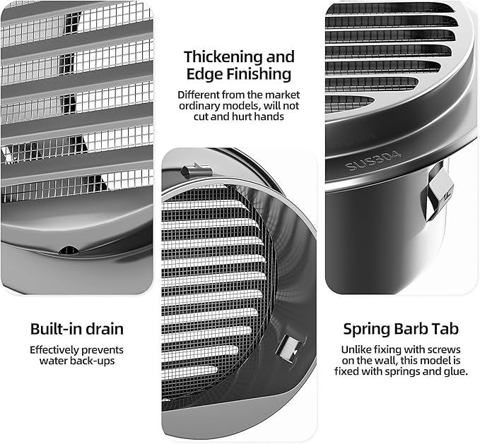 6" in Heavy Duty Thickened 304 Stainless Steel Air Vent Cover Louvered Grille Cover Vent Hood Round Cap Ducting Ventilation Air Outlet with Fly Screen Mesh for House (6inch-150MM Round Cap Black)